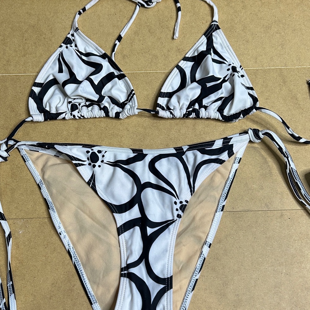 Blue Rain Black & White Floral-Print Triangle Bikini